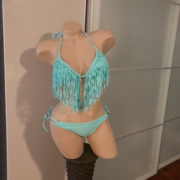 Other - Aqua tassel fringe scrunch butt bikini small NWOT